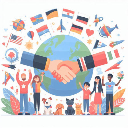 International friendship day concept. Group of happy people holding hands and greeting each other. Flat vector illustrationのイラスト素材