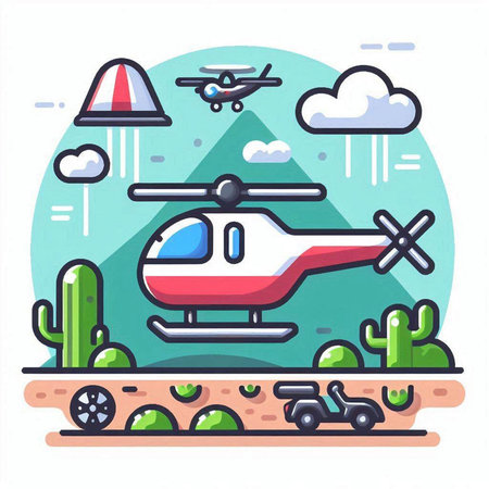 Helicopter flying over the desert. Flat style vector illustration.のイラスト素材
