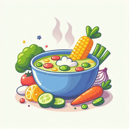Illustration of a bowl of soup with vegetables. Vector illustration.のイラスト素材