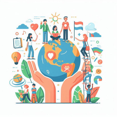 World environment day concept. People around the globe. Vector illustration.のイラスト素材