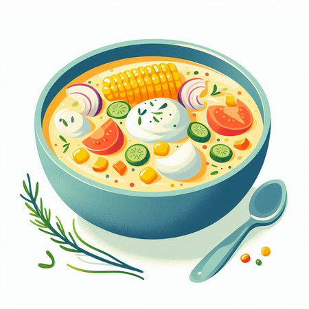 Illustration of a bowl of vegetable soup with corn, tomato, onion and eggのイラスト素材