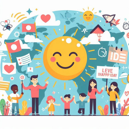 Smiling Kids Holding Social Media Icons and Emoji Vector Illustrationのイラスト素材
