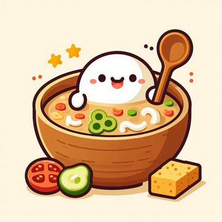 Bowl of soup with kawaii character. Vector illustration.のイラスト素材