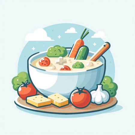 Vector illustration of bowl of healthy porridge with vegetables and cheese.のイラスト素材