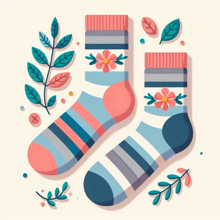 Pair of colorful socks with flowers and leaves. Vector illustration.のイラスト素材