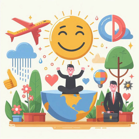 Vector illustration of happy businessman traveling around the world. Flat style design.のイラスト素材