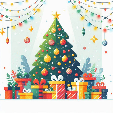 Christmas tree with gifts and garlands on white background. Vector illustration.のイラスト素材
