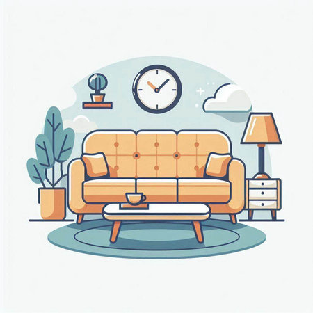 Living room with sofa, coffee table, plant, lamp and clock. Flat style vector illustration.のイラスト素材
