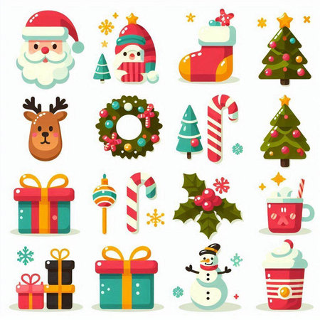 Christmas and New Year icons set. Santa Claus, reindeer, snowman, christmas tree, candy cane, gift box, snowflakes, gingerbread man, snowman, snowman, candy cane, snowflake, christmas sockのイラスト素材