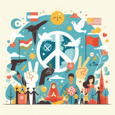 Vector illustration of international peace day in flat design with people and symbolsのイラスト素材