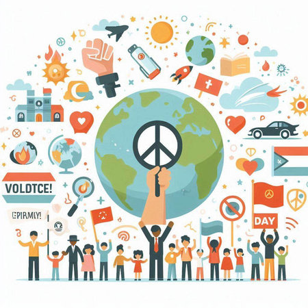 Flat design vector illustration concept of world peace day. People around the globe.のイラスト素材