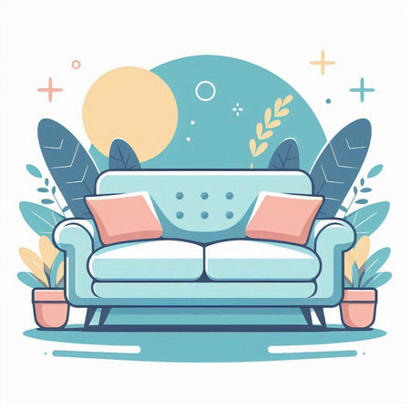Sofa with cushions and plants. Vector flat illustration.のイラスト素材
