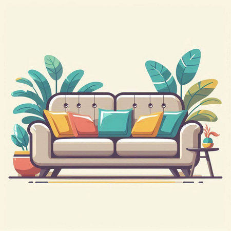 Sofa with cushions and potted plants. Vector illustration.のイラスト素材
