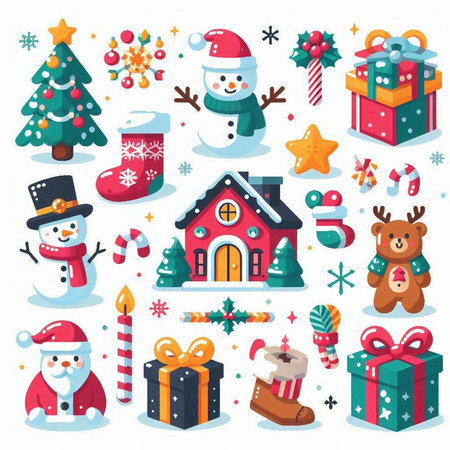 Set of Christmas and New Year icons in cartoon style. Vector illustrationのイラスト素材