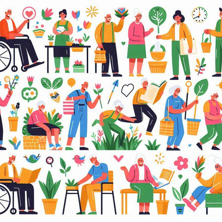 Seamless pattern with old people gardening. Flat vector illustration.のイラスト素材