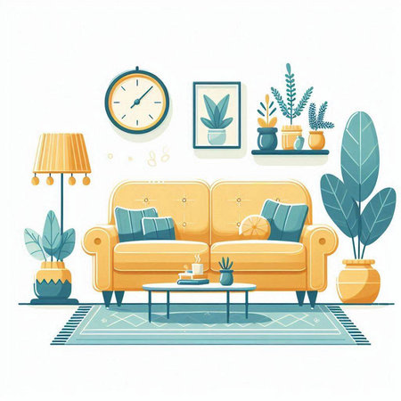 Living room interior with sofa, armchair, coffee table, plants and clock. Vector illustration.のイラスト素材