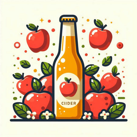 Bottle of cider with apples. Vector illustration in flat style.のイラスト素材