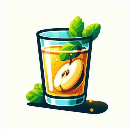 Glass of apple juice with slice of apple and mint leaves. Vector illustration.のイラスト素材