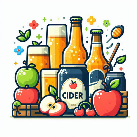 Illustration of various types of cider and fruit. Vector illustration.のイラスト素材