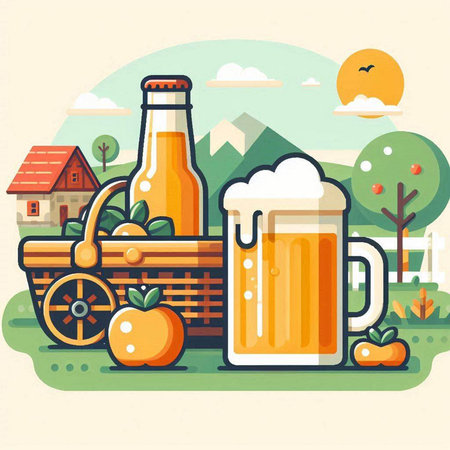 Beer and fruit in a basket. Vector illustration. Flat style.のイラスト素材