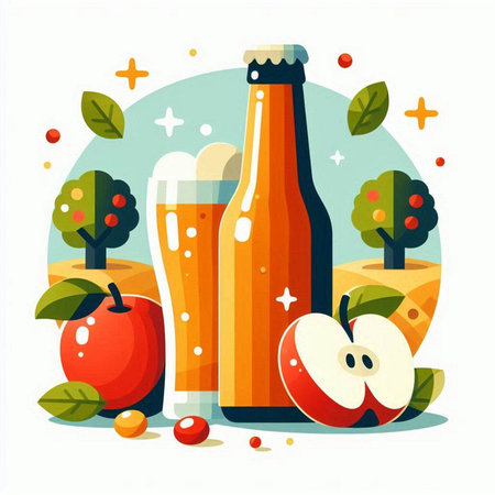 Illustration of a bottle of beer and apples. Vector illustration.のイラスト素材