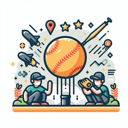 Baseball players with ball and bat. Flat line art vector illustration.のイラスト素材