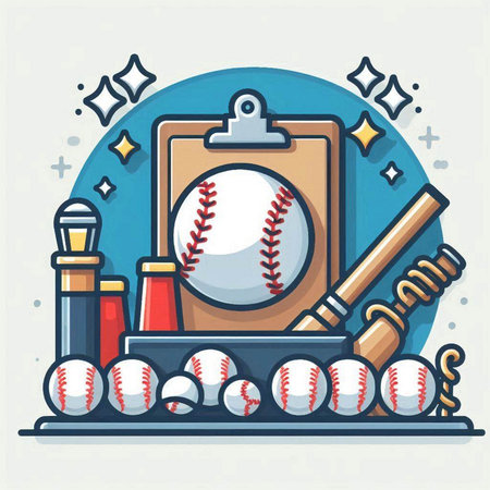 Baseball sport equipment. Vector illustration in flat design style. Baseball ball, bat, ball, bat, ball, baseball glove.のイラスト素材
