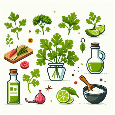 Vegetables and spices set. Vector illustration in flat style.のイラスト素材