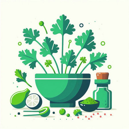 Illustration of fresh herbs in mortar and pestle. Vector illustration.のイラスト素材