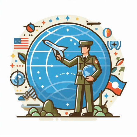 Vector illustration of a man in a military uniform holding a globe.のイラスト素材