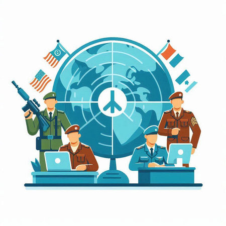 Military people working at the computer. Vector illustration in flat style.のイラスト素材