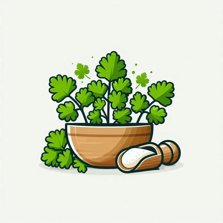 Parsley in a mortar and pestle. Vector illustration.のイラスト素材