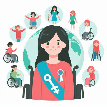 Illustration of a woman in a wheelchair with a set of iconsのイラスト素材