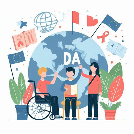World disability day concept in flat design. Vector illustration of disabled man in wheelchair, woman in wheelchair, world map, flags and globe.のイラスト素材