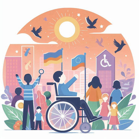 Disabled people with flags in city. Vector illustration in flat styleのイラスト素材