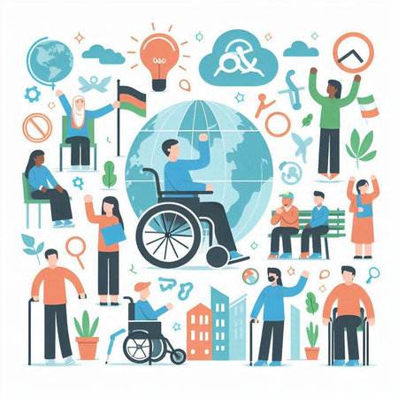 Disabled people concept. Flat vector illustration of handicapped man sitting on wheelchair, social distancing, social distancing, world map.のイラスト素材