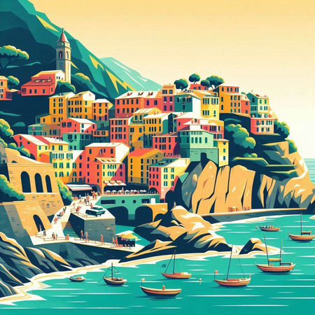 Colorful houses on the coast of the sea. Vector illustration.のイラスト素材