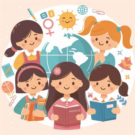 Group of children with a book and a globe. Vector illustration.のイラスト素材