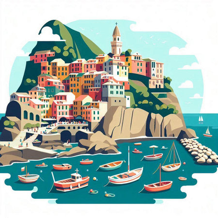 Cinque Terre, Italy. Vector illustration with colorful housesのイラスト素材