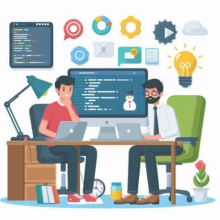 Programmers working on project. Programmers coding and programming. Vector illustrationのイラスト素材