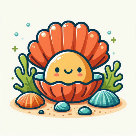 Illustration of cute cartoon seashell on the beach. Vector illustrationのイラスト素材