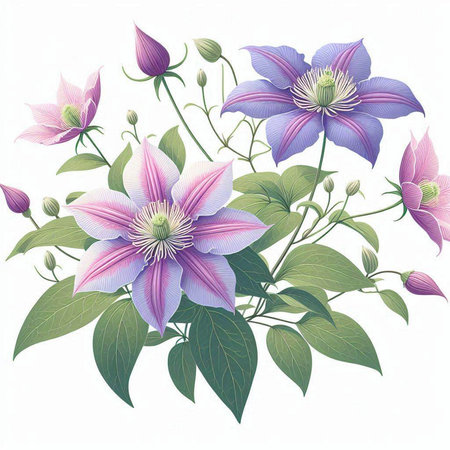Purple clematis flowers isolated on white background. Vector illustration.のイラスト素材