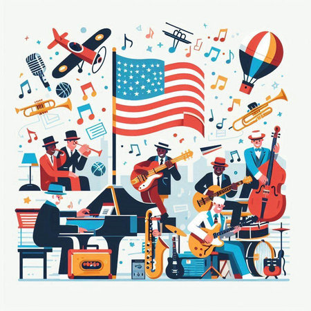 Jazz festival poster with musicians and instruments. Flat vector illustration.のイラスト素材