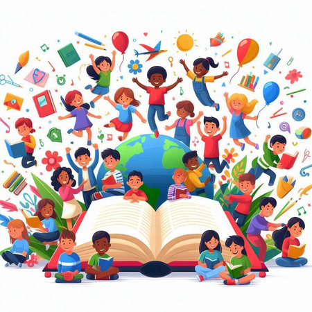 Vector illustration of kids reading books and doing school activities around the globeのイラスト素材