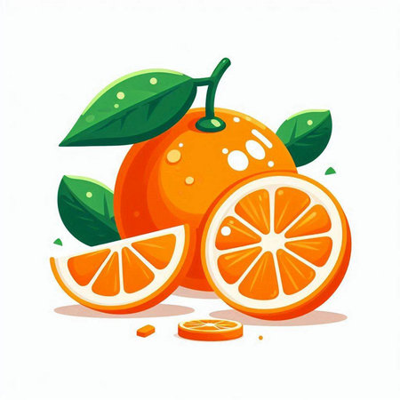 Orange fruit vector illustration. Whole and cut orange fruit with green leaves isolated on white background.のイラスト素材