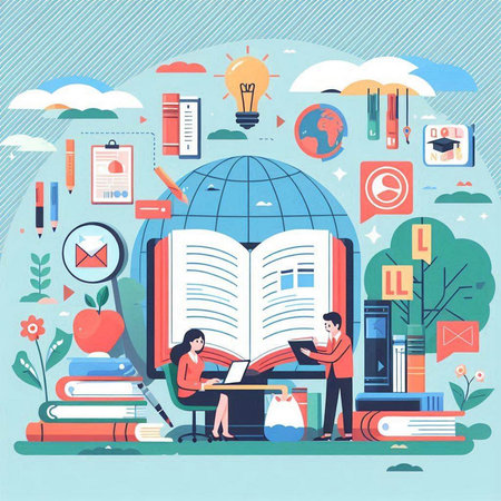 Education and learning concept in flat design. Vector illustration with students, books, globe, lamp.のイラスト素材