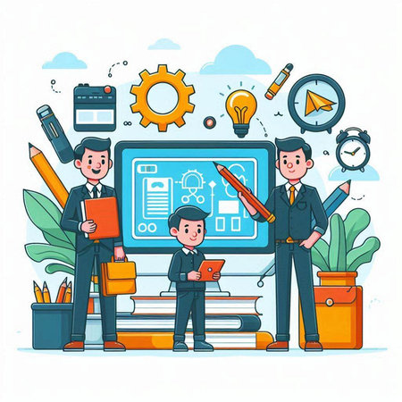 Online education concept. Schoolboy and teacher. Vector illustration in cartoon styleのイラスト素材