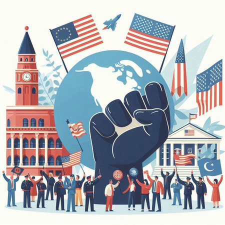 Vector illustration of crowd of people with USA flag in hand on background of school building.のイラスト素材
