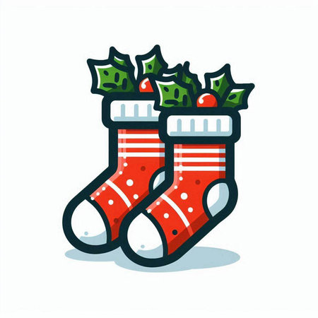 Christmas socks with holly berry, vector illustration on white background.のイラスト素材