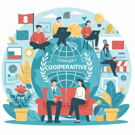 Global communication concept. People sitting on sofa, working on laptops and communicating online. Vector illustration in flat styleのイラスト素材